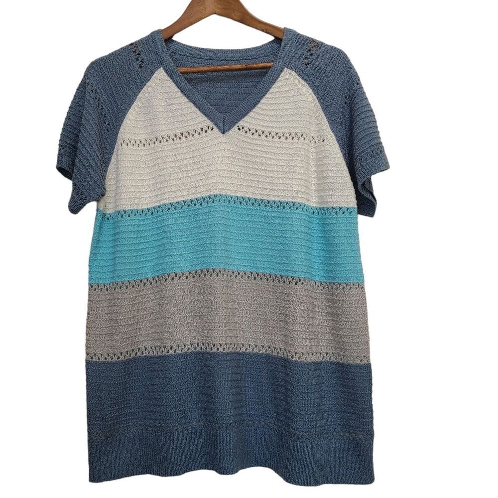 Womens Knit Blue Gray Sweater Short Sleeve Top 2XL